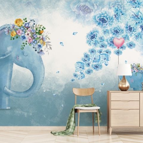 Cartoon Blue Elephant Wallpaper Mural