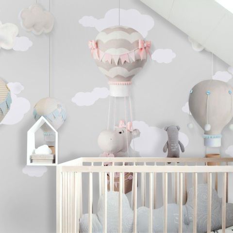 Little Hot Air Balloons with Clouds Wallpaper Mural