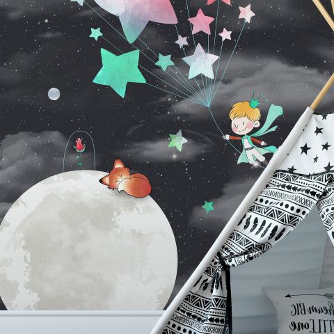 Little Prince and Moon with Watercolor Stars Wallpaper Mural
