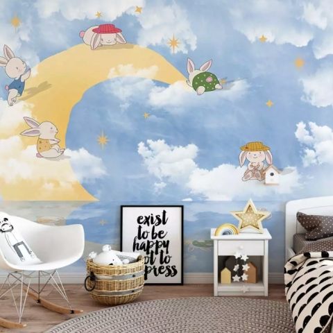 Cartoon Rabbits on the Moon Wallpaper Mural