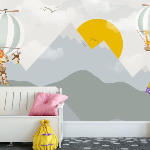 Kids Nursery Mountain Landscape with Hot Air Balloon Wallpaper Mural