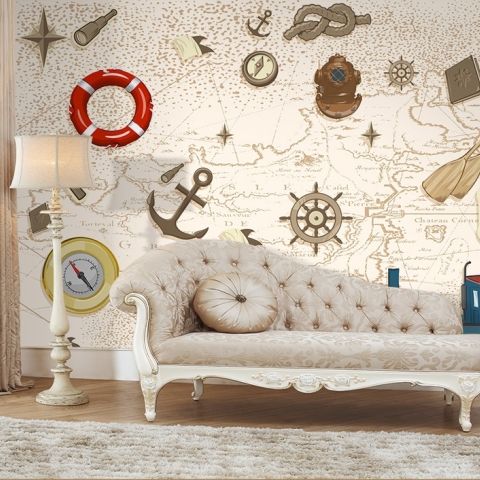 Kids Nautical Maps with Marine Sailboat Wallpaper Mural