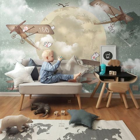Kids Moon with Aircraft Wallpaper Mural