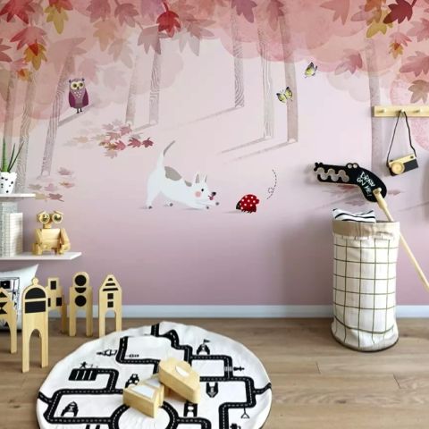 Pink Forest with Cats and Owl Wallpaper Mural