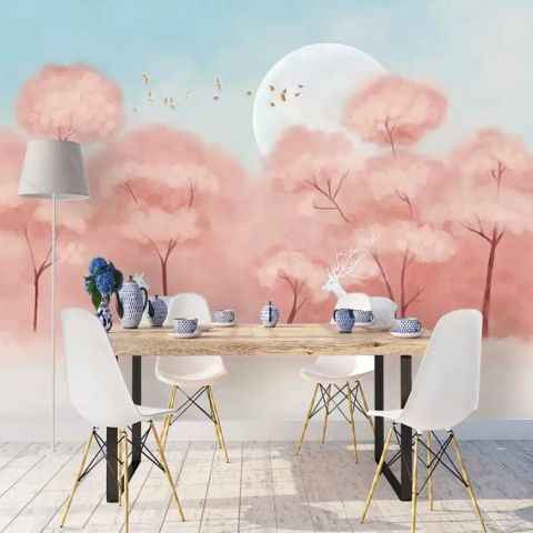 Pink Forest and Horned Deer Wallpaper Mural
