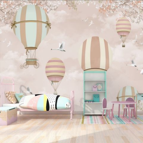 Kids Pink Hot Air Balloon and Cherry Blossom Wallpaper Mural