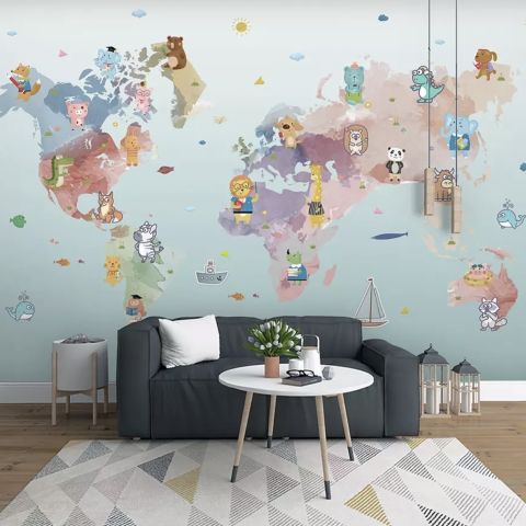 Pink Purple World Map with Animals Wallpaper Mural