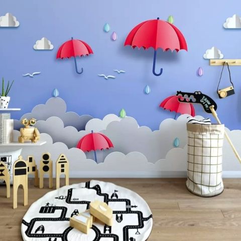 Red Umbrella in the Cartoon Sky Wallpaper Mural