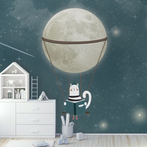 Swinging Cat with Shining Moon Children Wallpaper Mural
