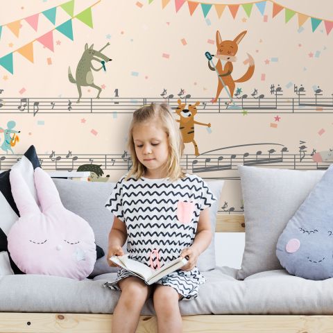 Cartoon Animals on Music Notes Wallpaper Mural