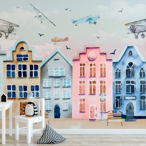 Helicopters on Colorful Amsterdam Style Houses Wallpaper Mural