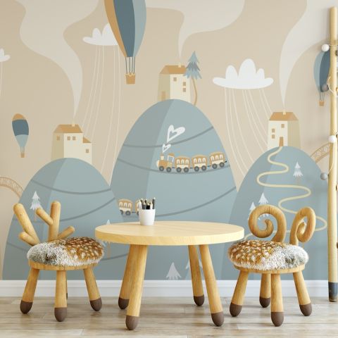Soft Hot Air Balloon with Little Home Wallpaper Mural
