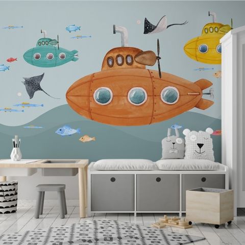 Kids Boys Watercolor Underwater with Submarine Wallpaper Mural