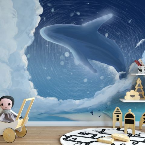 Cartoon Whale with Nightscape Wallpaper Mural