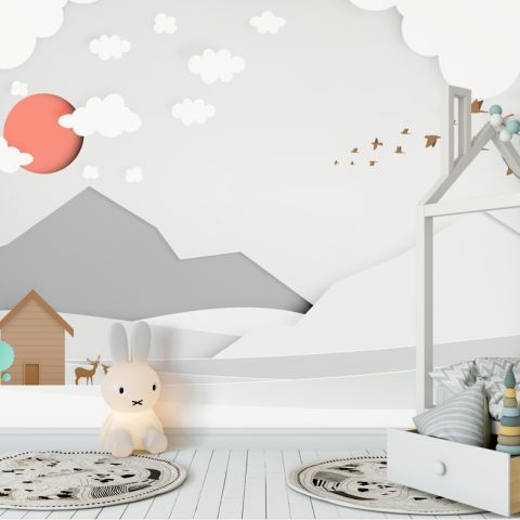 Kids White Gray Mountain Landscape Wallpaper Mural