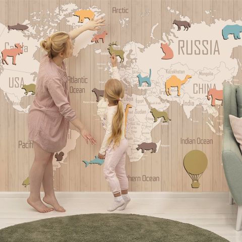 Kids Wooden Style World Map with Colorful Animal Silhouette Wallpaper Mural