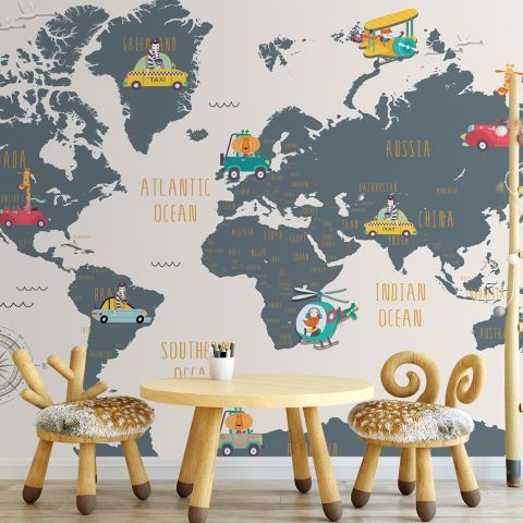 Kids World Map with Animals and Little Cars Wallpaper Mural