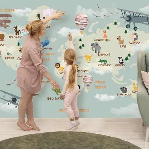 Kids World Map with Animals Wallpaper Mural