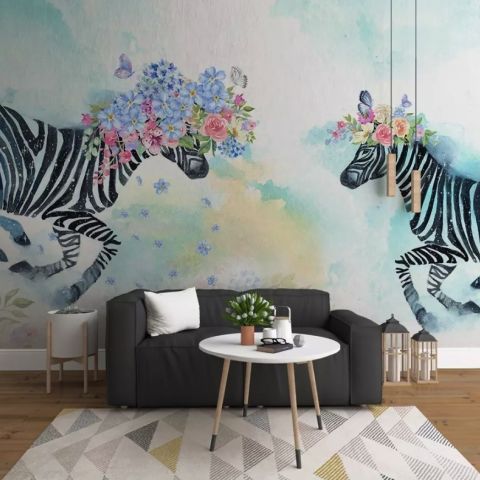 Colorful Flowery Zebra Wallpaper Mural