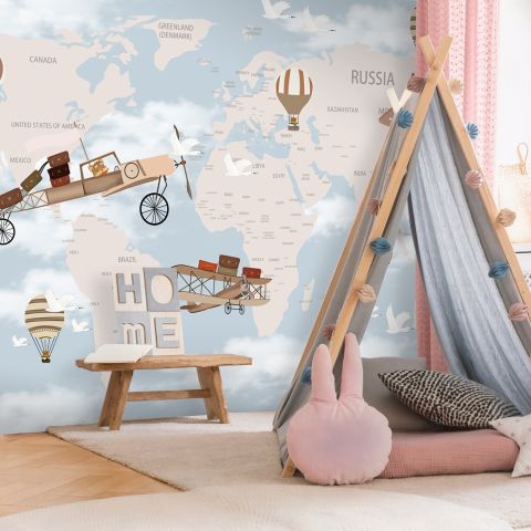 World Map with Hot Air Balloons and Helicopters Wallpaper Mural