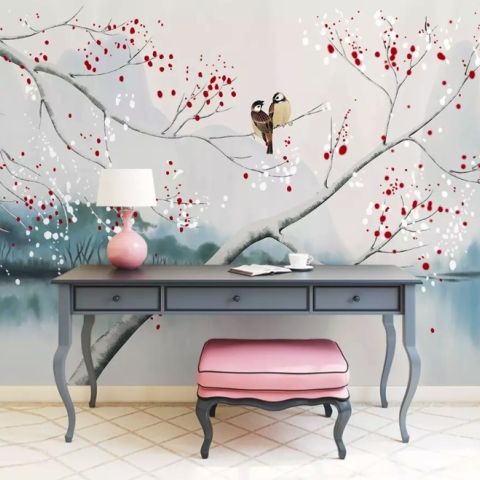 Watercolor Lake Landscape with Birds Wallpaper Mural