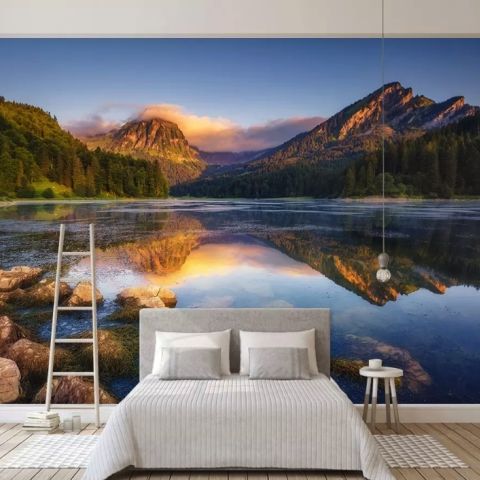 Mountain and Lake Landscape in the Sunrise Wallpaper Mural