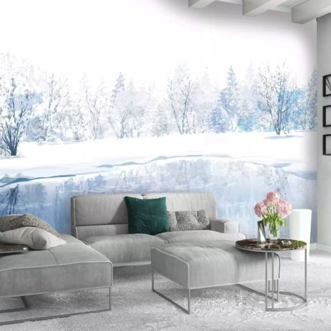 Watercolor Winter Landscape and Lake Wallpaper Mural