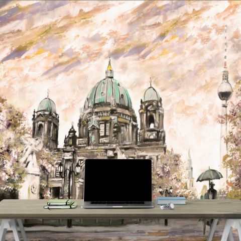 Oil Painting Berlin Cathedral Landscape with Man and Woman Wallpaper Mural
