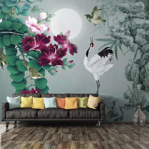 White Stork and Purple Flowers Wallpaper Mural