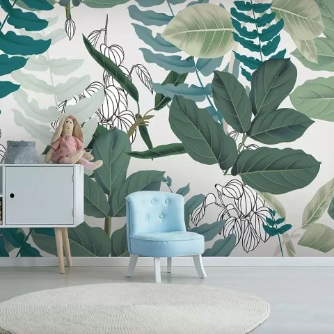 3D Look Tropical Leaf Drawing Art Wallpaper Mural