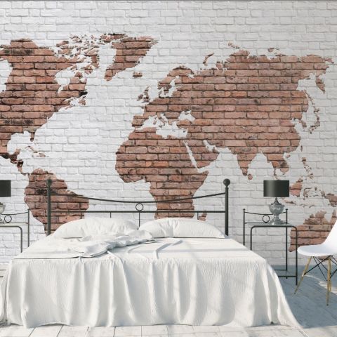 White Brown Brick World Maps Wallpaper Mural