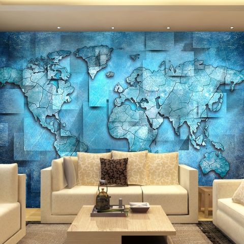 3D Effect Blue World Map Wallpaper Mural