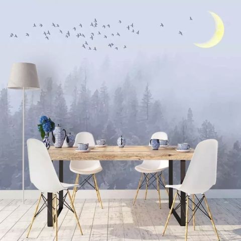 Monochrome Night Forest and Birds Wallpaper Mural