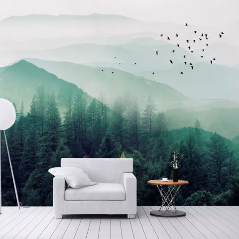 Misty Green Forest with Birds Wallpaper Mural