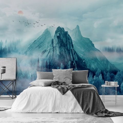 Misty Mountain Landscape and Sunrise Wallpaper Mural