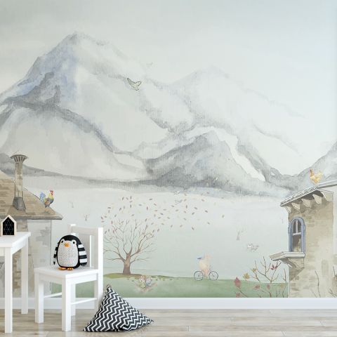 Village Landscape and Snowy Mountain Wallpaper Mural