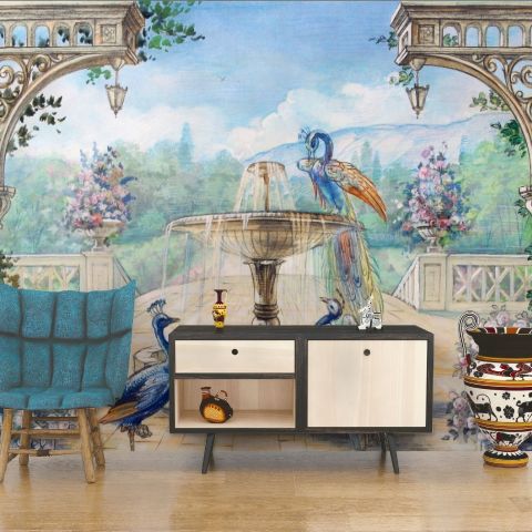 Drawing Garden with Fountain, Peacock and Roman Column Wallpaper Mural