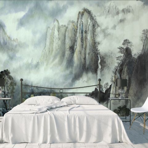 Misty Chinese Mountain Landscape and Waterfalls Wallpaper Mural