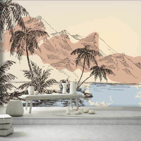 Vintage Charcoal Tropical Palm Tree and Summer Beach Wallpaper Mural