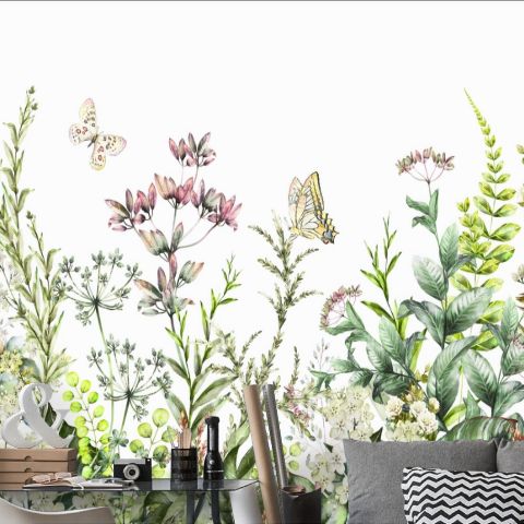 Wild Floral and Green Fresh Leaves Wallpaper Mural