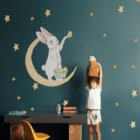 Nursery Cute Rabbit on the Crescent Moon and Yellow Stars Wall Decal Sticker