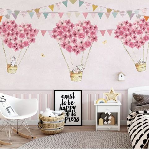 Flowery Hot Air Balloon with Rabbits Wallpaper Mural