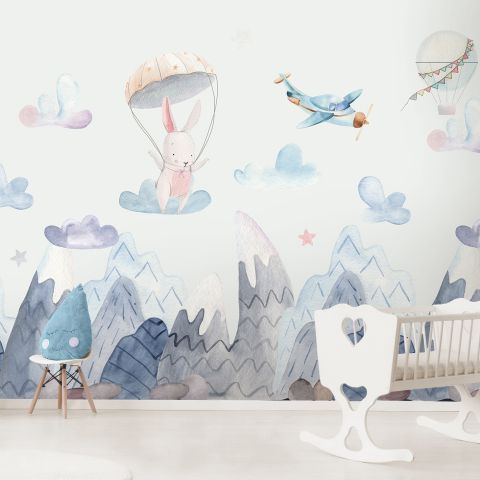 Watercolor Style Kids Landscape with Cute Bunny Wallpaper Mural