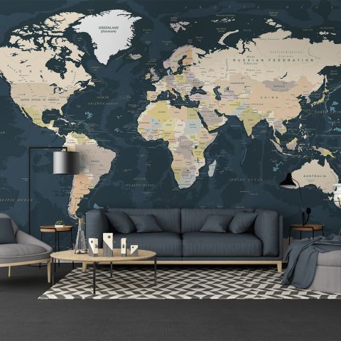 Navy Blue Political World Map Wallpaper Mural Wallmur