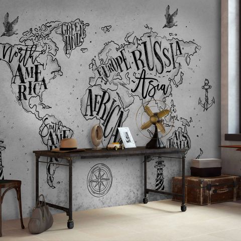 Vintage Charcoal World Map Wallpaper Mural