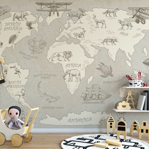 Kids Soft Brown Continent World Map with Drawing Animals Wallpaper Mural