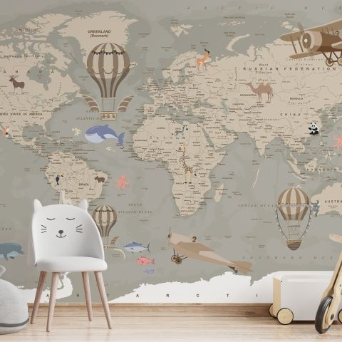 Kids Soft Brown Political World Map with Drawing Animals Wallpaper Mural