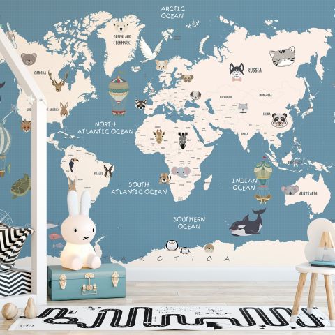 Kids Political World Map with Old Hot Air Balloons Wallpaper Mural