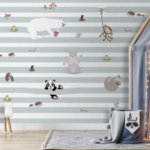 Cute Animals on the Colorful Stripe Wallpaper Mural