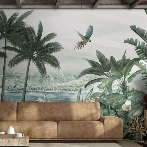Misty Tropical Forest with Lake Wallpaper Mural
